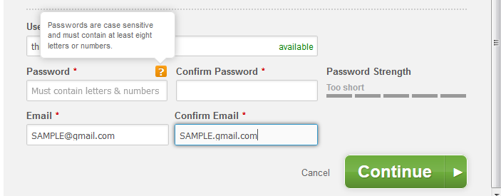 Duke Energy Sign-up Form: password rules