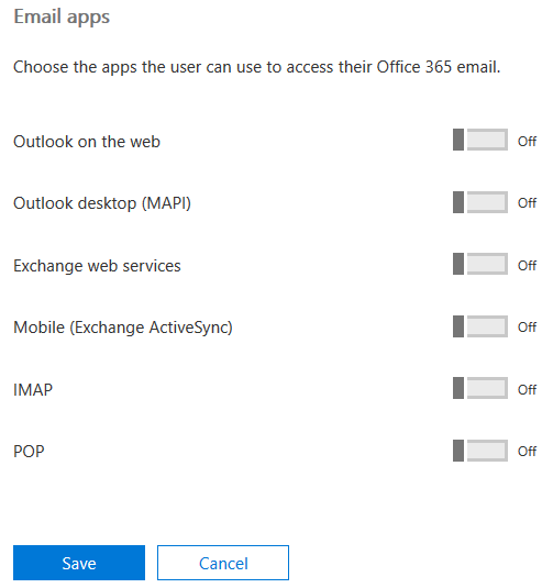 An Office 365 user's email app settings