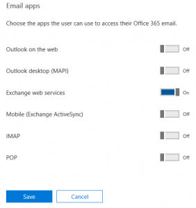 A user's email app settings in Office 365