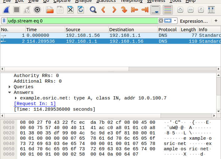 Screenshot of Wireshark showing 2 DNS packets