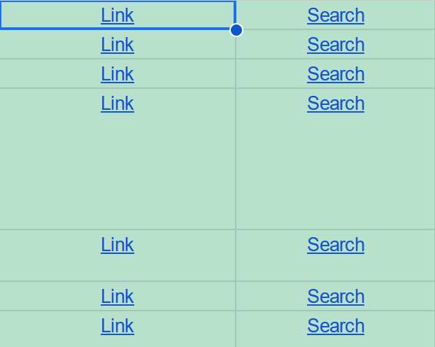 An excerpt of a Google Sheet. Each row contains a cell with a hyperlink labeled Link